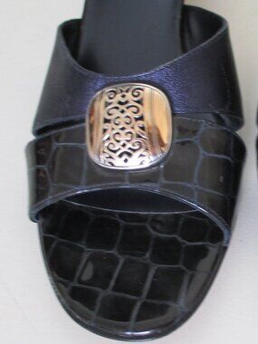 Brighton "Kaye" Womens Italian Navy Croco Leather Slide 2" Heel Sandal NWOB -10M